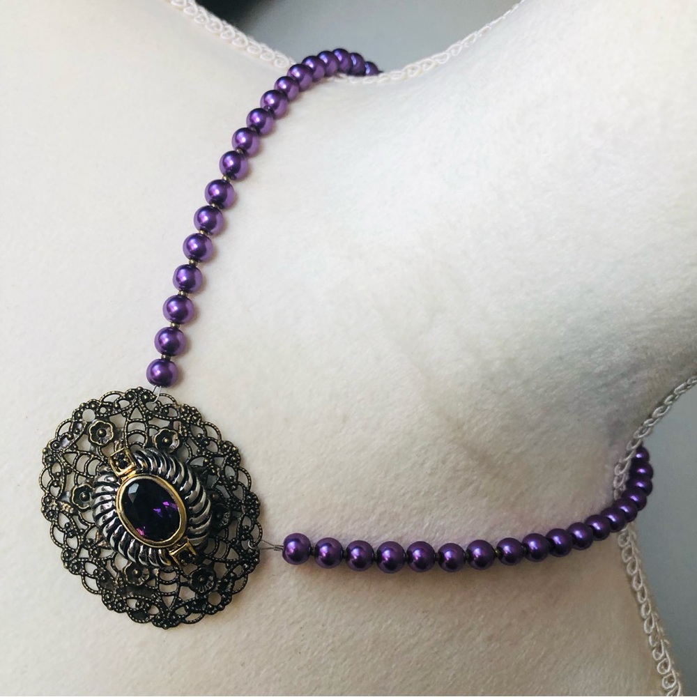 Handcrafted repurpose genuine amethyst pendant Czech glass Pearl necklace
